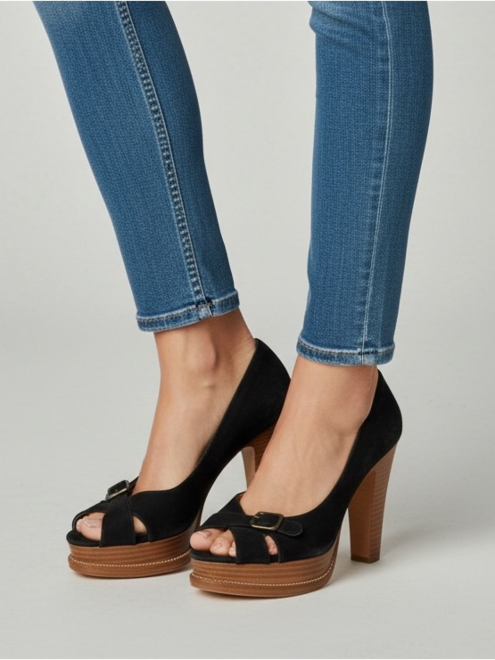 Michael Kors Black Suede Peep-Toe Heels with Brown Platform